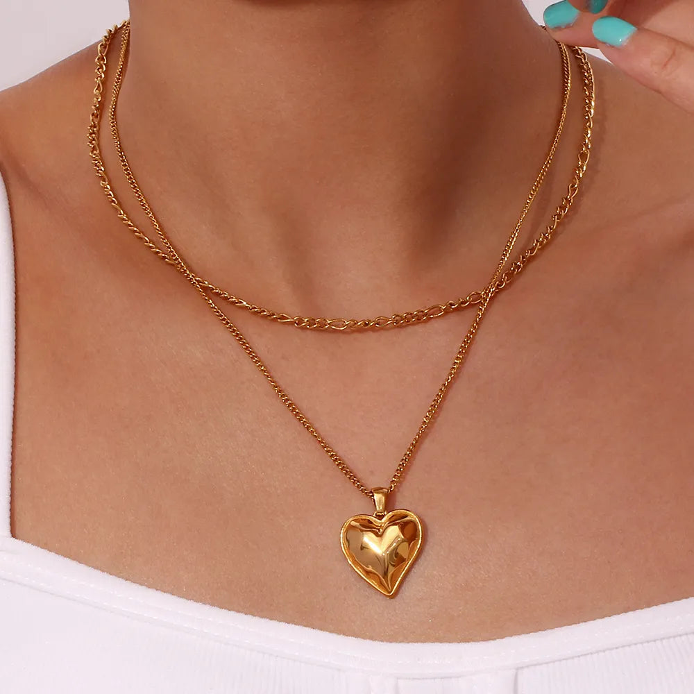 Gold Plated Casting Heart Pendant Double Layers Necklace