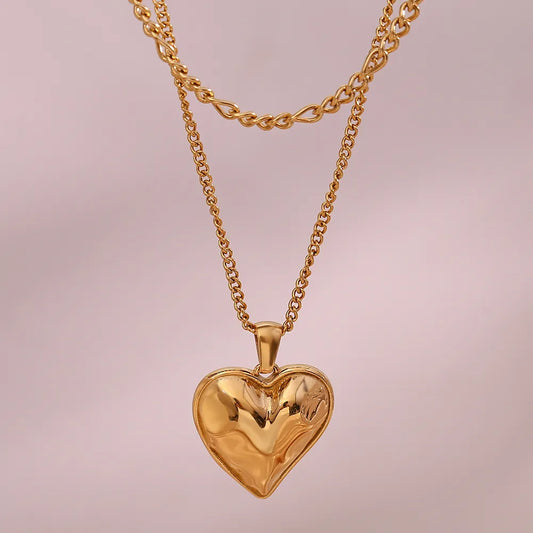 Gold Plated Casting Heart Pendant Double Layers Necklace