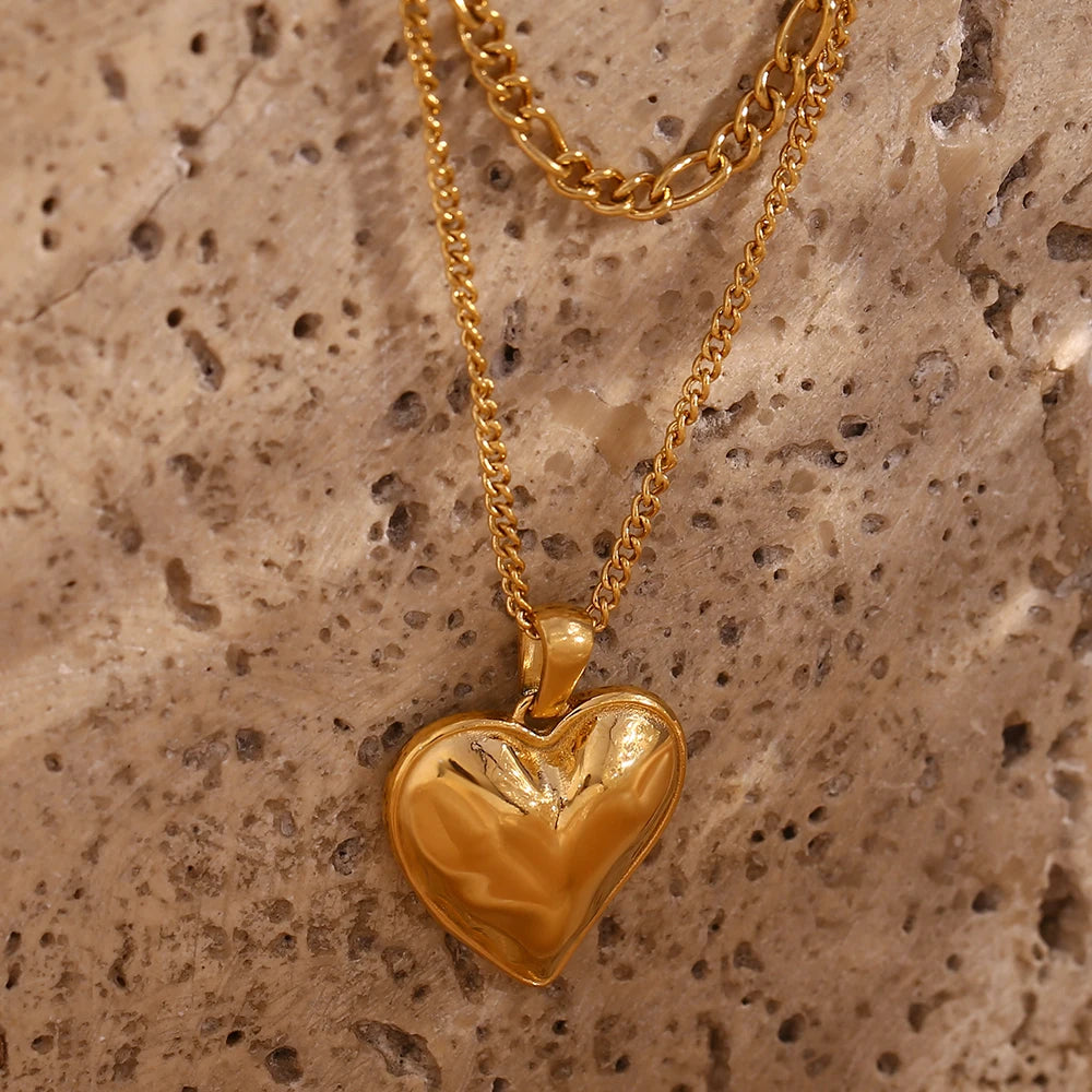 Gold Plated Casting Heart Pendant Double Layers Necklace