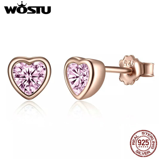 WOSTU Authentic 925 Sterling Silver Rose Gold Heart Stud Earrings For Women