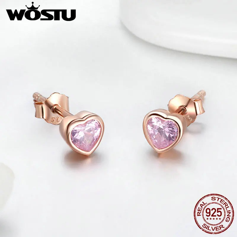 WOSTU Authentic 925 Sterling Silver Rose Gold Heart Stud Earrings For Women