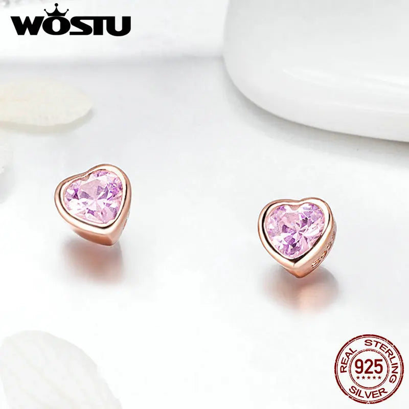 WOSTU Authentic 925 Sterling Silver Rose Gold Heart Stud Earrings For Women