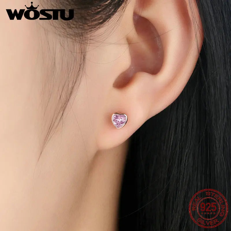 WOSTU Authentic 925 Sterling Silver Rose Gold Heart Stud Earrings For Women