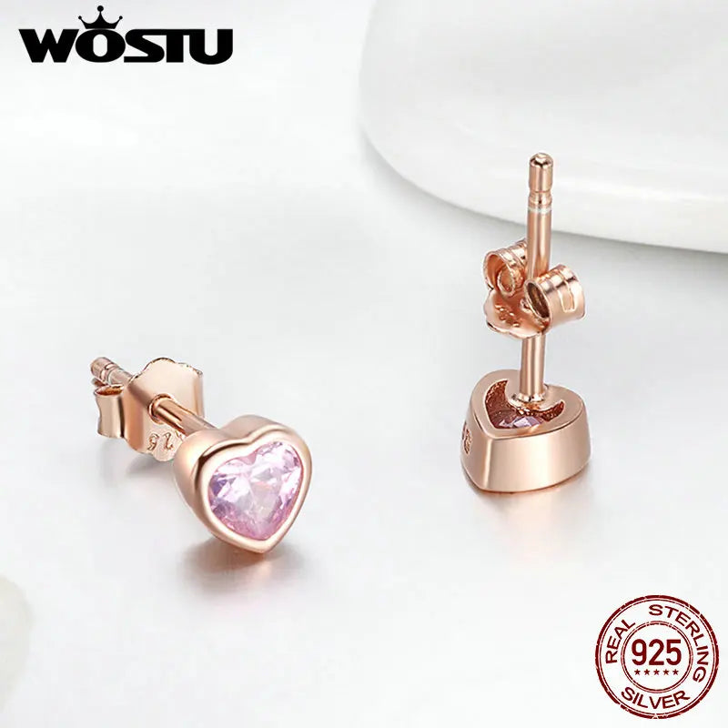 WOSTU Authentic 925 Sterling Silver Rose Gold Heart Stud Earrings For Women