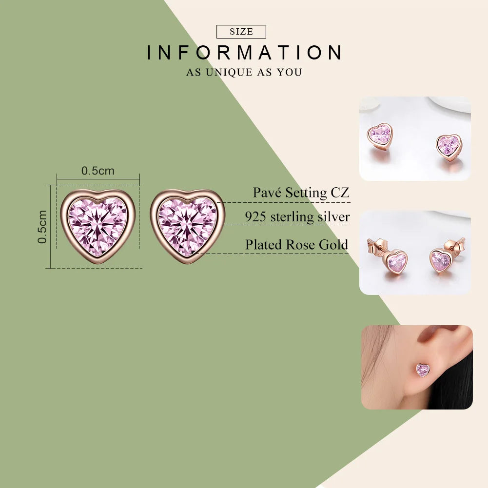 WOSTU Authentic 925 Sterling Silver Rose Gold Heart Stud Earrings For Women