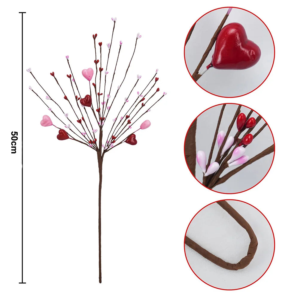 4PCS Artificial Red Berry Flower Stems Heart Shaped