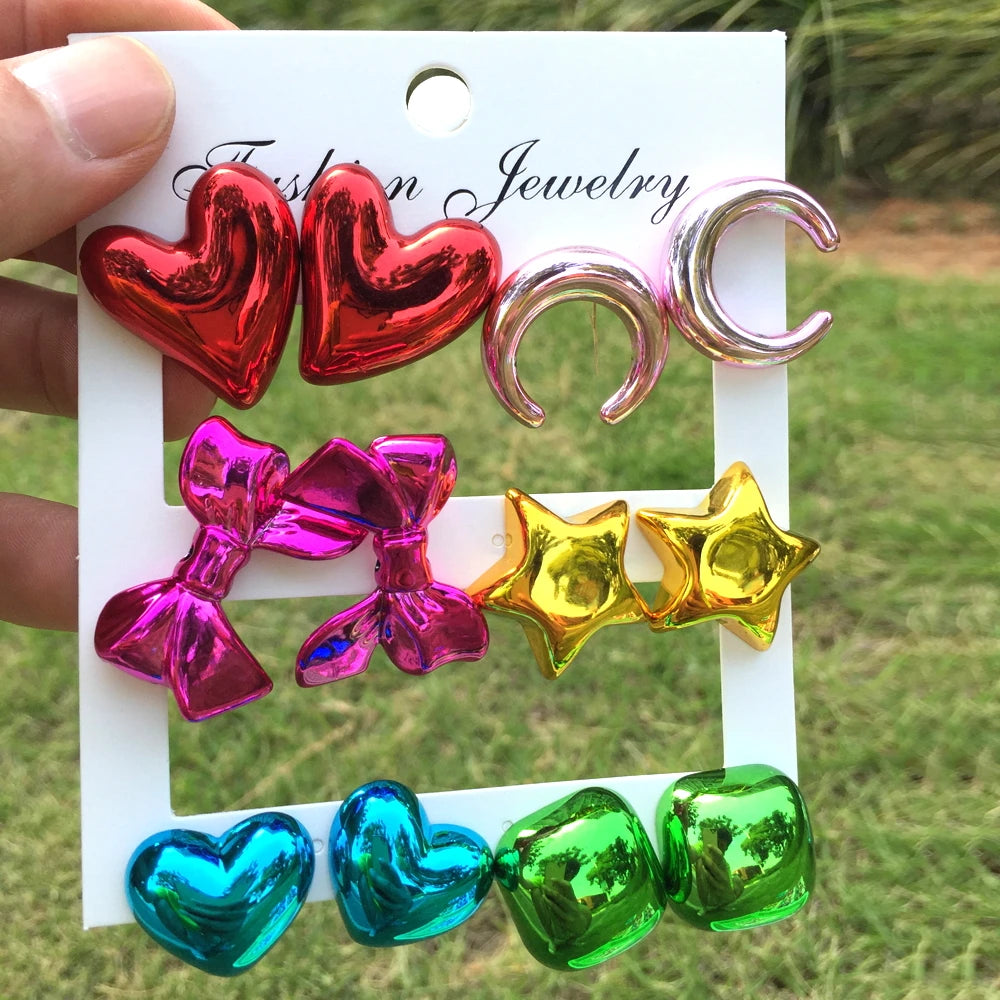 New 6 pair/set Metallic Color Acrylic Y2K Stud Earrings for Women