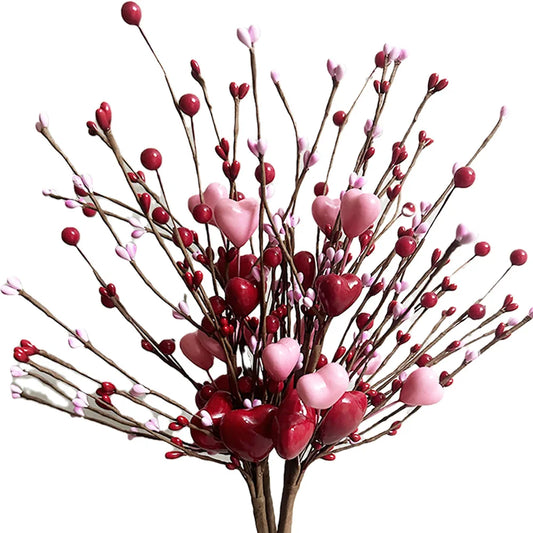 4PCS Artificial Red Berry Flower Stems Heart Shaped