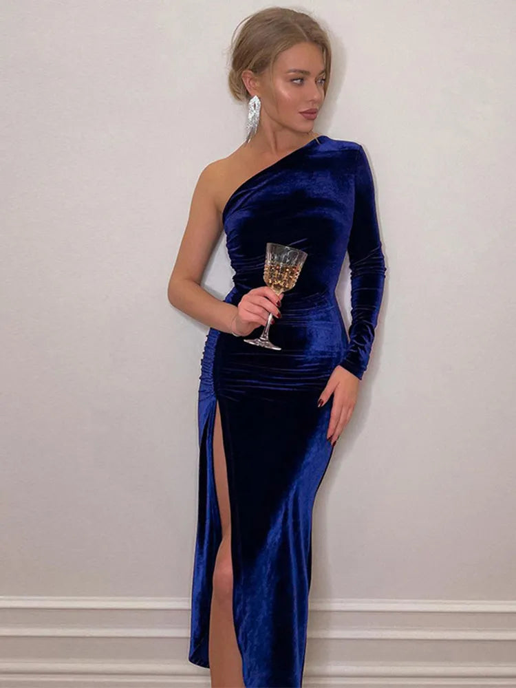 Women Elegant Long Sleeve Party Evening Velvet Bodycon Split Pencil Midi Dress