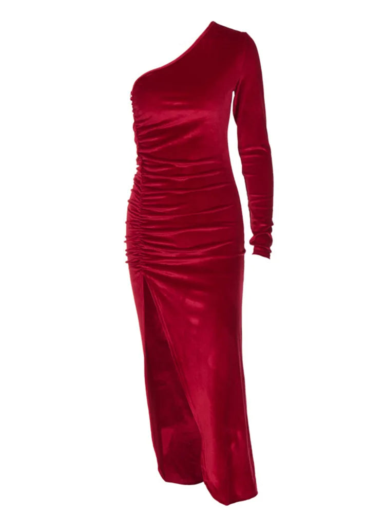 Women Elegant Long Sleeve Party Evening Velvet Bodycon Split Pencil Midi Dress