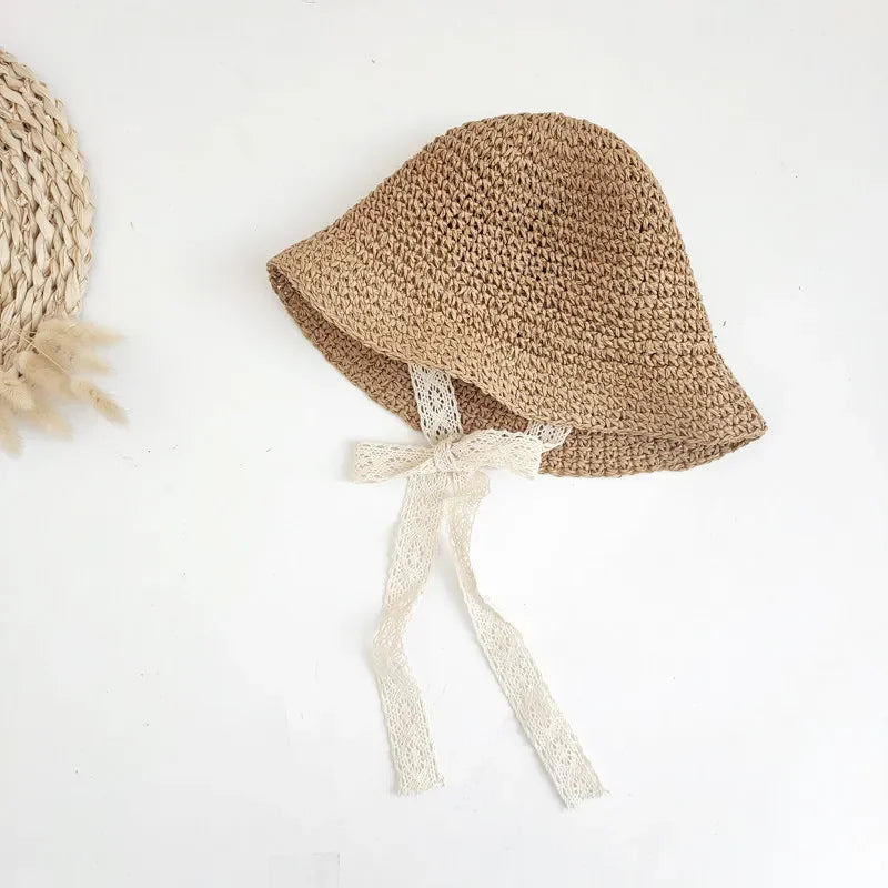 Fashion Lace Baby Hat Summer Straw Bow Baby Girl Cap Beach Children Panama Hat Princess Baby Hats and Caps for Kids 1PC